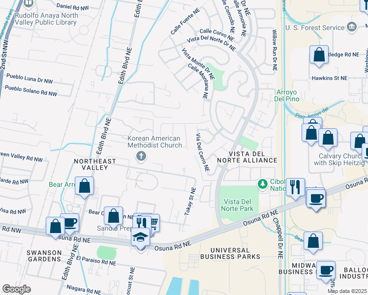 map of restaurants, bars, coffee shops, grocery stores, and more near Paseo Verde Road Northeast in Albuquerque