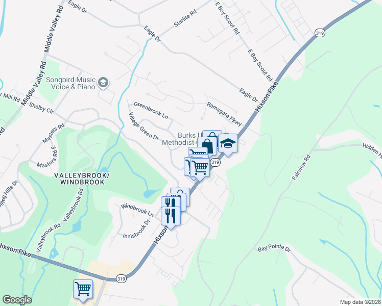 map of restaurants, bars, coffee shops, grocery stores, and more near 6451 Brookmead Circle in Chattanooga