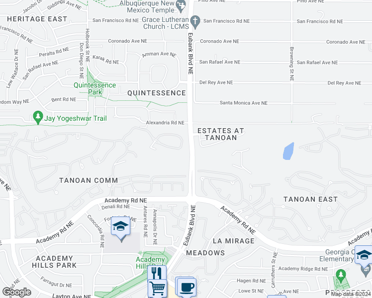 map of restaurants, bars, coffee shops, grocery stores, and more near 10128 Masters Drive Northeast in Albuquerque