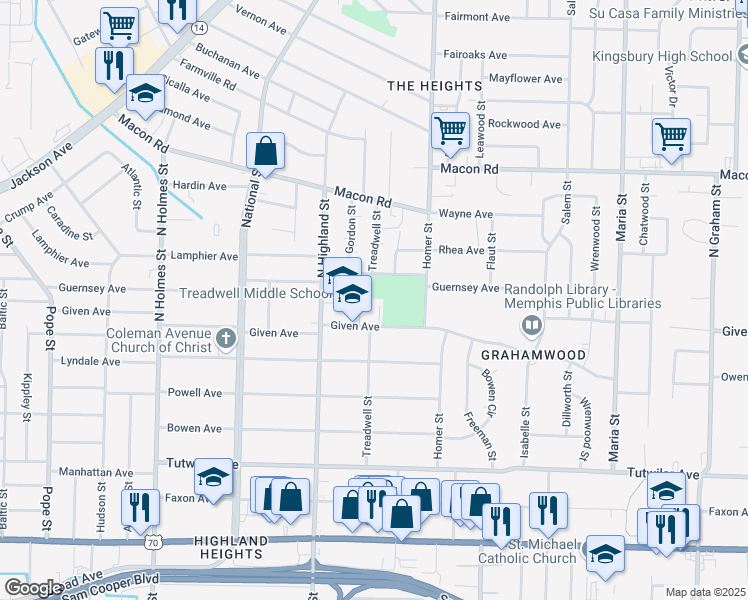 map of restaurants, bars, coffee shops, grocery stores, and more near 920 North Highland Street in Memphis