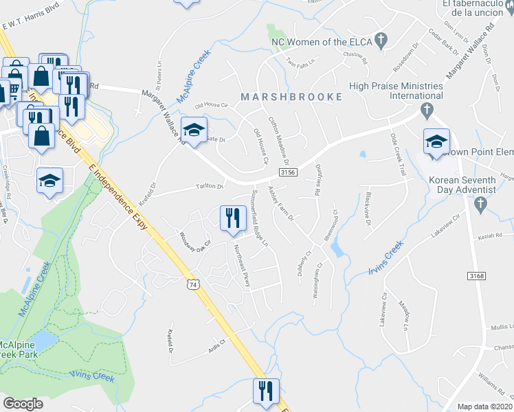map of restaurants, bars, coffee shops, grocery stores, and more near 3512 Summerfield Ridge Lane in Matthews