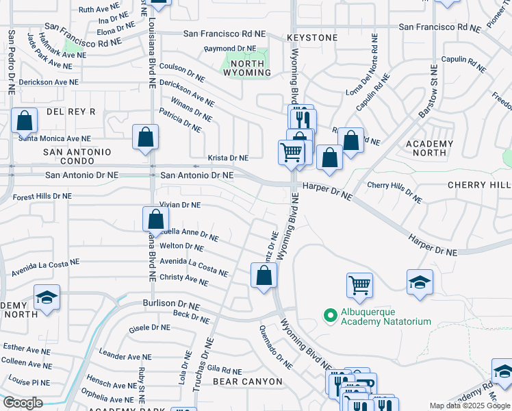 map of restaurants, bars, coffee shops, grocery stores, and more near 6908 San Antonio Place Northeast in Albuquerque