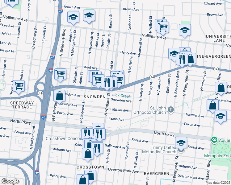 map of restaurants, bars, coffee shops, grocery stores, and more near 1420 Jackson Avenue in Memphis