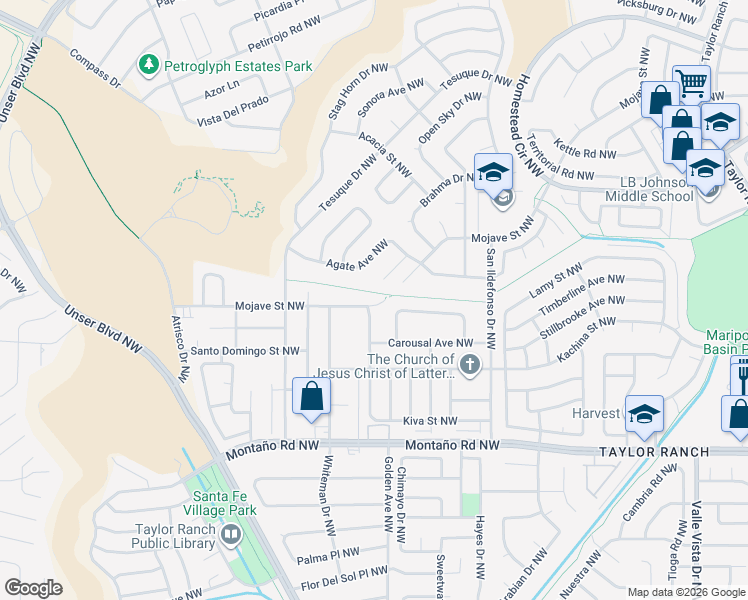 map of restaurants, bars, coffee shops, grocery stores, and more near 6500 Agate Lane Northwest in Albuquerque