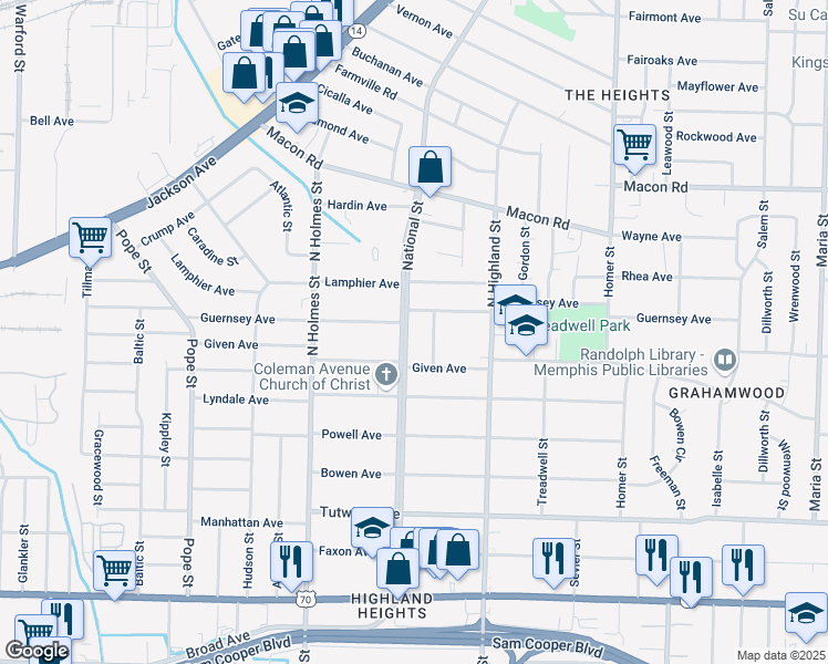 map of restaurants, bars, coffee shops, grocery stores, and more near in Memphis