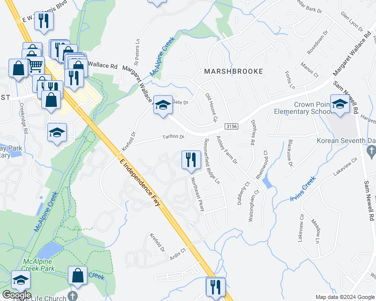 map of restaurants, bars, coffee shops, grocery stores, and more near 2906 Little Stream Court in Matthews