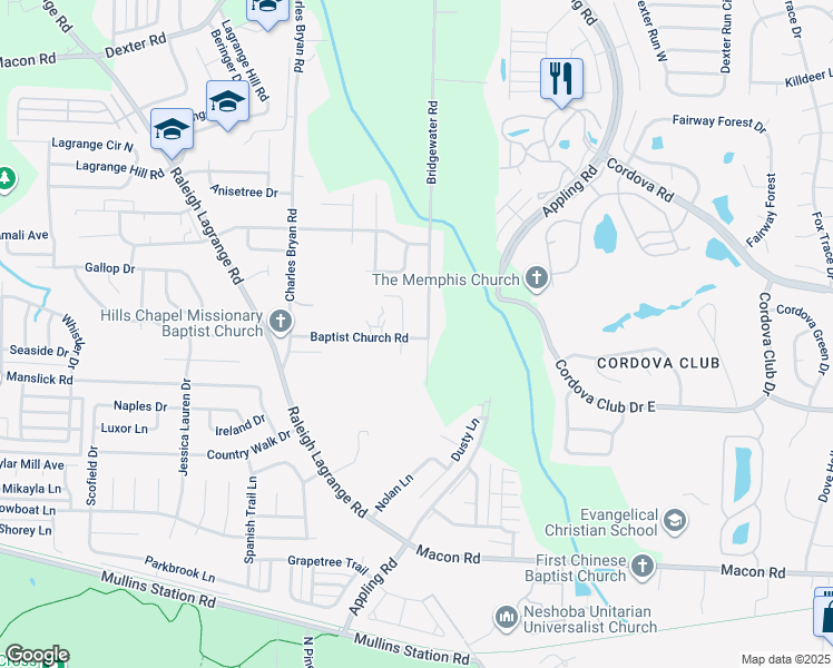 map of restaurants, bars, coffee shops, grocery stores, and more near 7268 Baptist Church Road in Shelby County