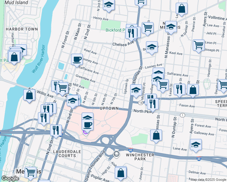 map of restaurants, bars, coffee shops, grocery stores, and more near 574 North 6th Street in Memphis