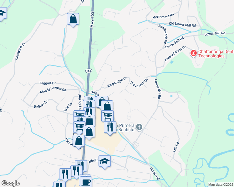 map of restaurants, bars, coffee shops, grocery stores, and more near 452 Kingsridge Drive in Chattanooga