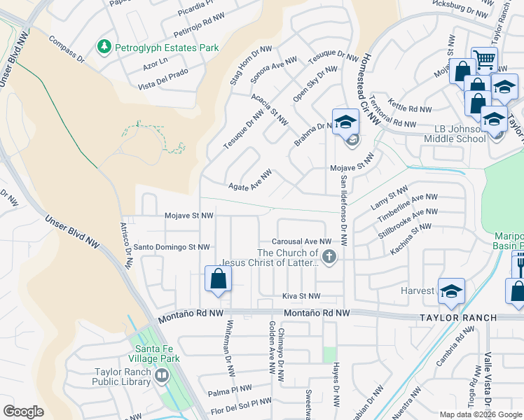 map of restaurants, bars, coffee shops, grocery stores, and more near 6500 Agate Lane Northwest in Albuquerque