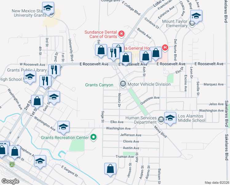map of restaurants, bars, coffee shops, grocery stores, and more near 632 Kingman Avenue in Grants