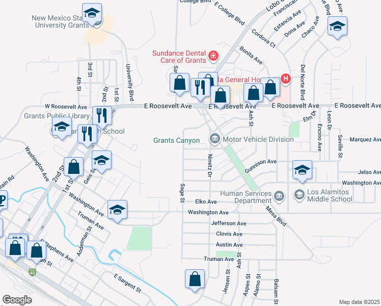map of restaurants, bars, coffee shops, grocery stores, and more near 604 Kingman Avenue in Grants