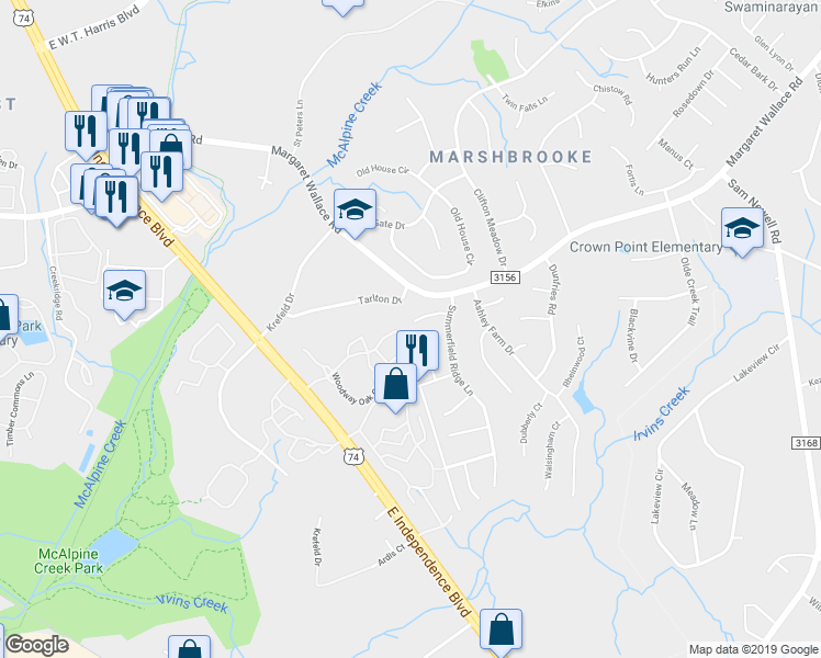 map of restaurants, bars, coffee shops, grocery stores, and more near 2308 Tarlton Drive in Matthews