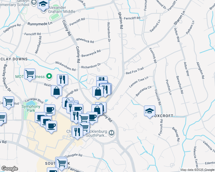 map of restaurants, bars, coffee shops, grocery stores, and more near 3831 Cornerwood Lane in Charlotte