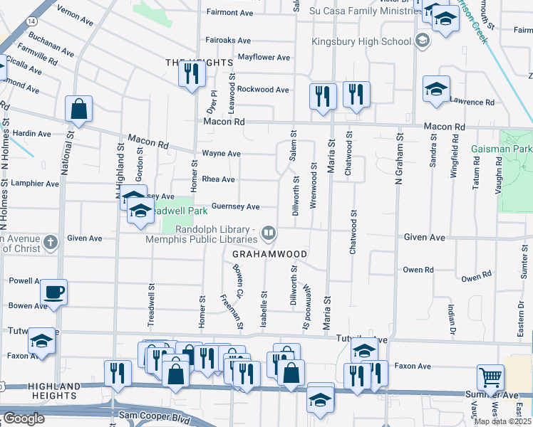 map of restaurants, bars, coffee shops, grocery stores, and more near 3756 Guernsey Avenue in Memphis