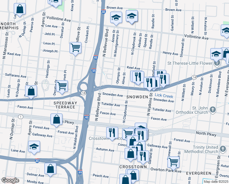 map of restaurants, bars, coffee shops, grocery stores, and more near 1254 Jackson Avenue in Memphis