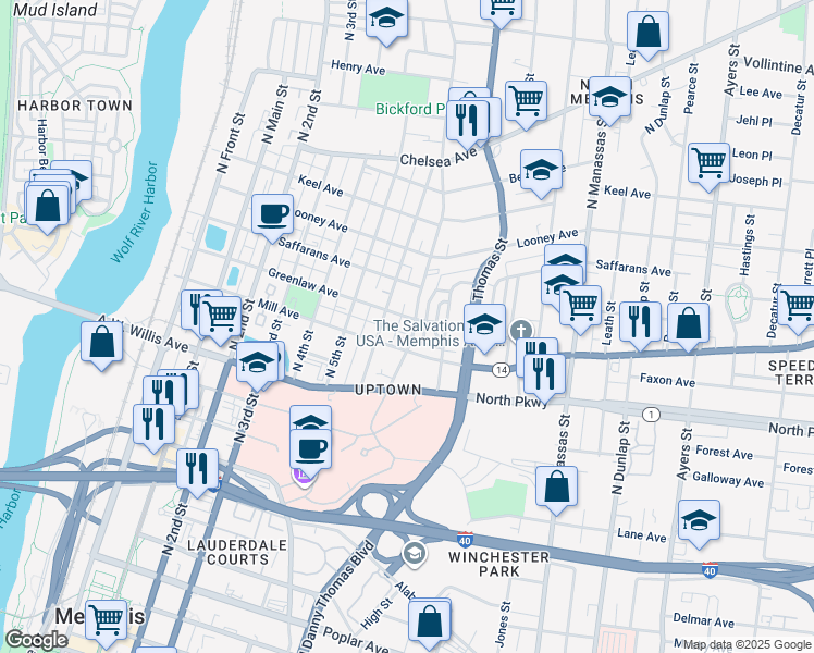 map of restaurants, bars, coffee shops, grocery stores, and more near 574 North 6th Street in Memphis