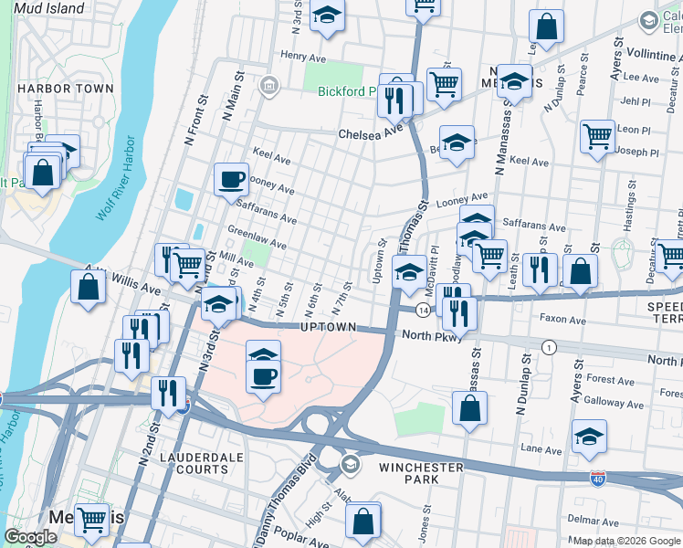 map of restaurants, bars, coffee shops, grocery stores, and more near 574 North 6th Street in Memphis