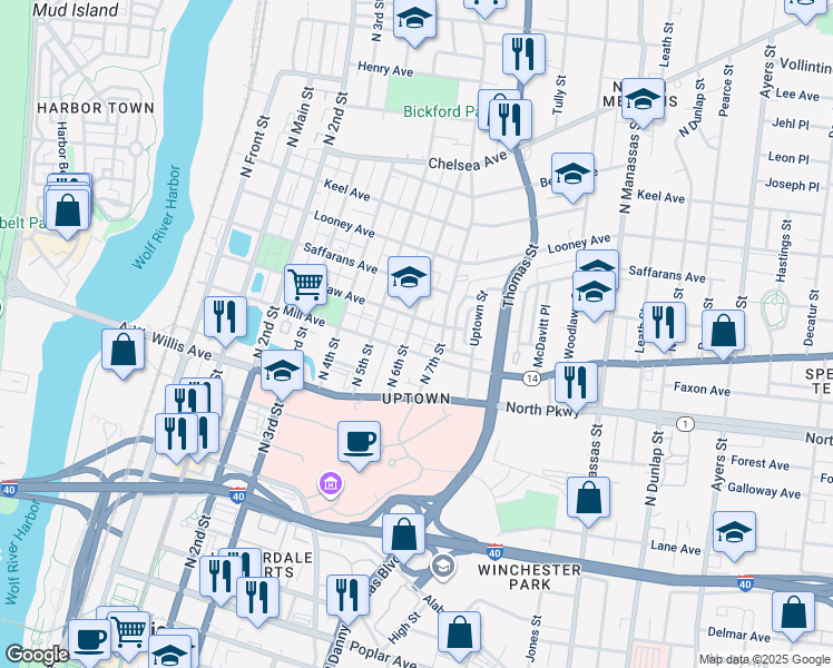 map of restaurants, bars, coffee shops, grocery stores, and more near 574 North 6th Street in Memphis