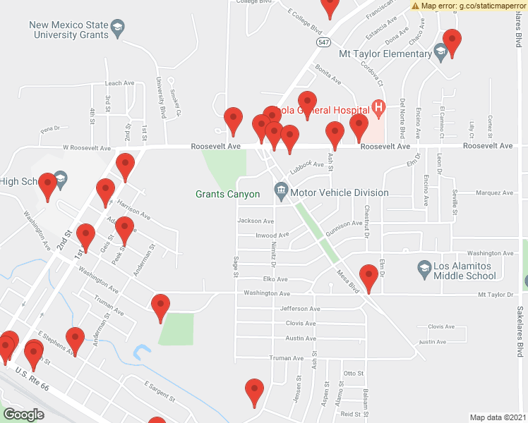 map of restaurants, bars, coffee shops, grocery stores, and more near 629 Kingman Avenue in Grants