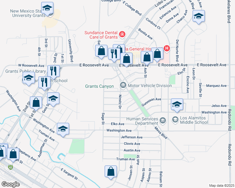map of restaurants, bars, coffee shops, grocery stores, and more near 633 Kingman Avenue in Grants