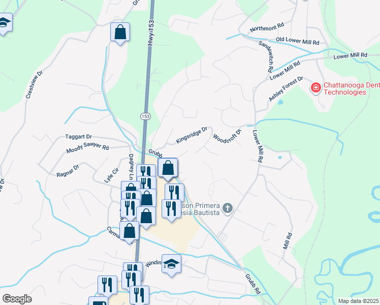 map of restaurants, bars, coffee shops, grocery stores, and more near 452 Kingsridge Drive in Chattanooga