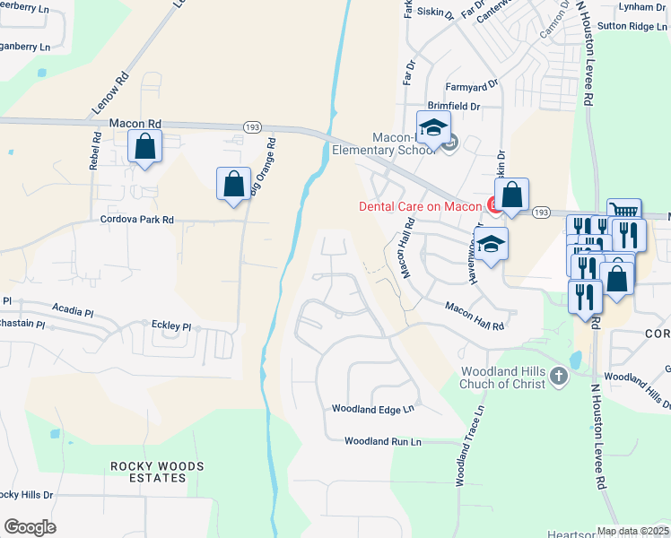 map of restaurants, bars, coffee shops, grocery stores, and more near 1212 Woodland Manor Boulevard in Shelby County