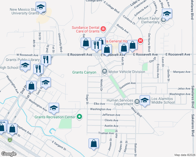map of restaurants, bars, coffee shops, grocery stores, and more near 632 Kingman Avenue in Grants