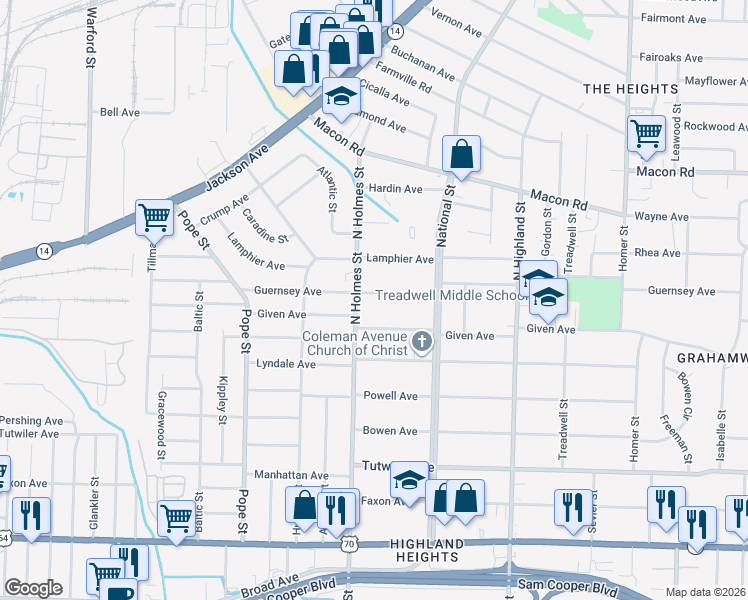 map of restaurants, bars, coffee shops, grocery stores, and more near 3310 Guernsey Avenue in Memphis