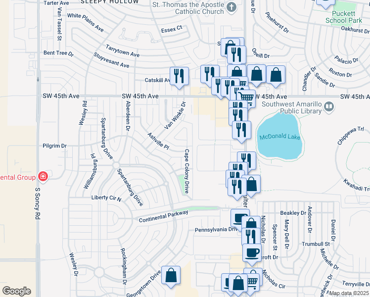 map of restaurants, bars, coffee shops, grocery stores, and more near 4615 Cape Colony Drive in Amarillo