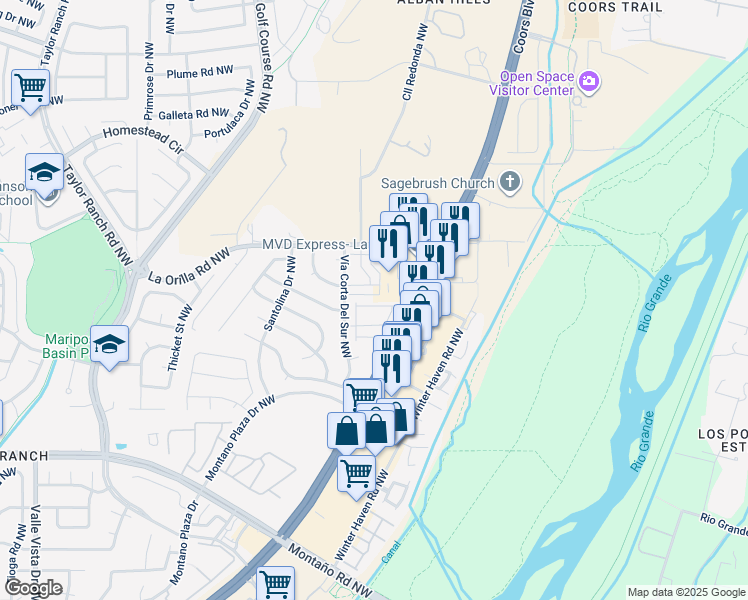 map of restaurants, bars, coffee shops, grocery stores, and more near 3236 La Orilla Road Northwest in Albuquerque