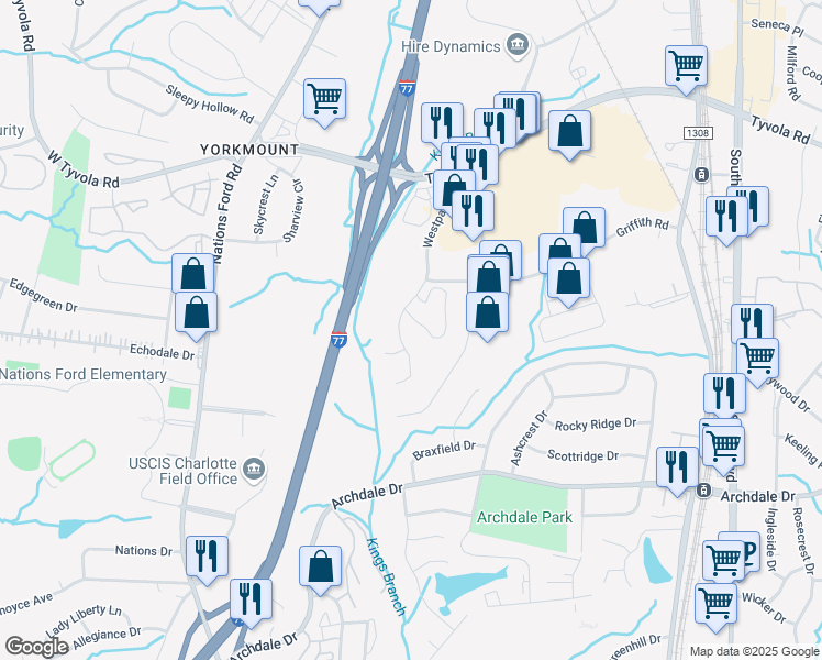 map of restaurants, bars, coffee shops, grocery stores, and more near 5815 Westpark Drive in Charlotte