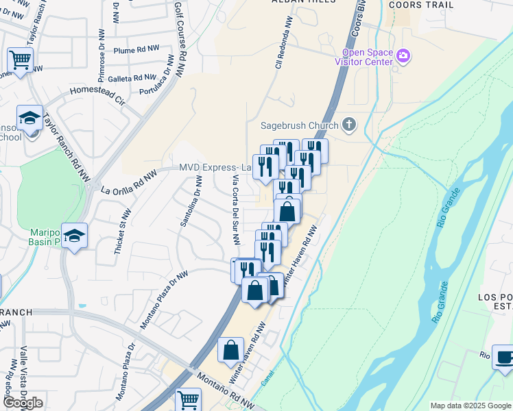 map of restaurants, bars, coffee shops, grocery stores, and more near 3236 La Orilla Road Northwest in Albuquerque