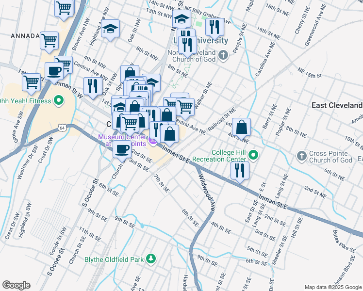 map of restaurants, bars, coffee shops, grocery stores, and more near 240 1st St NE in Cleveland