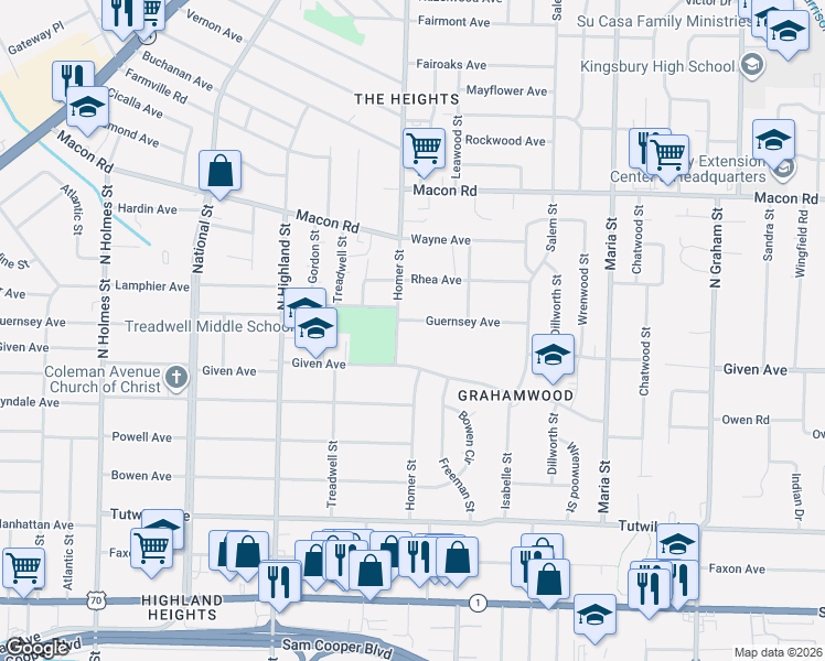map of restaurants, bars, coffee shops, grocery stores, and more near 3664 Guernsey Avenue in Memphis