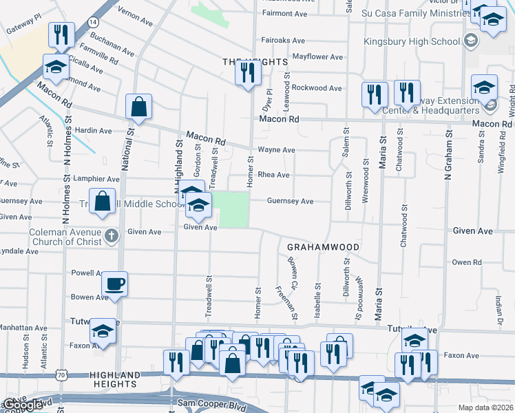 map of restaurants, bars, coffee shops, grocery stores, and more near 3664 Guernsey Avenue in Memphis