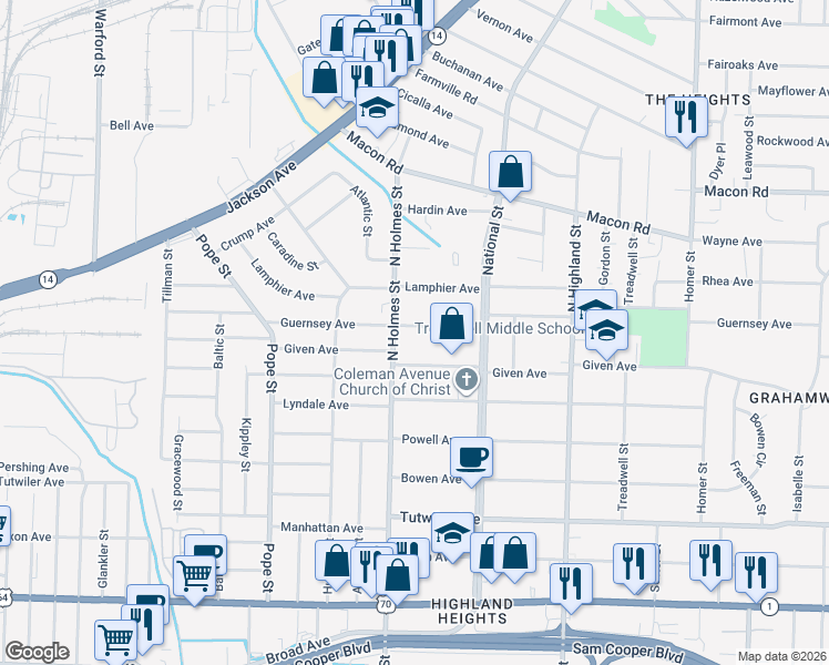 map of restaurants, bars, coffee shops, grocery stores, and more near 3310 Guernsey Avenue in Memphis