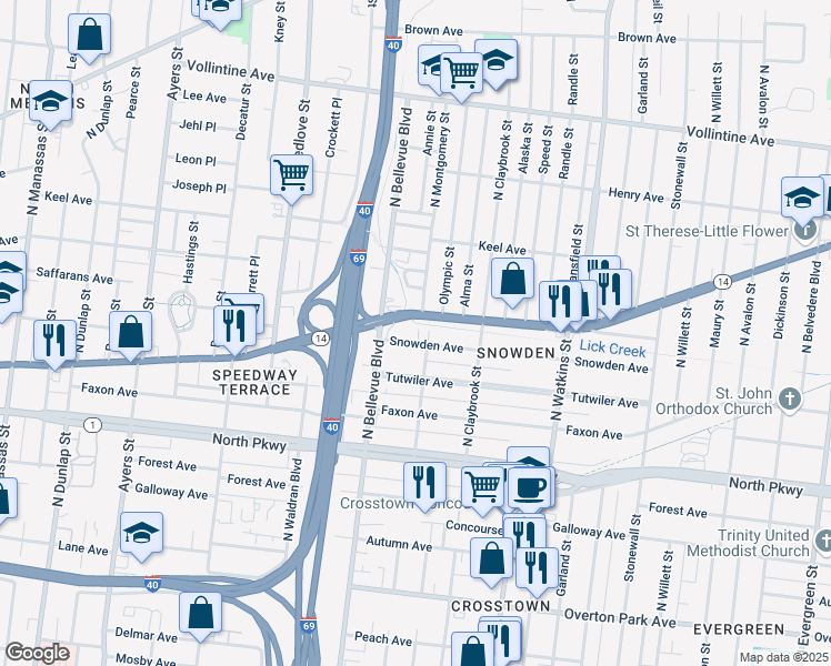 map of restaurants, bars, coffee shops, grocery stores, and more near 1201 Jackson Avenue in Memphis