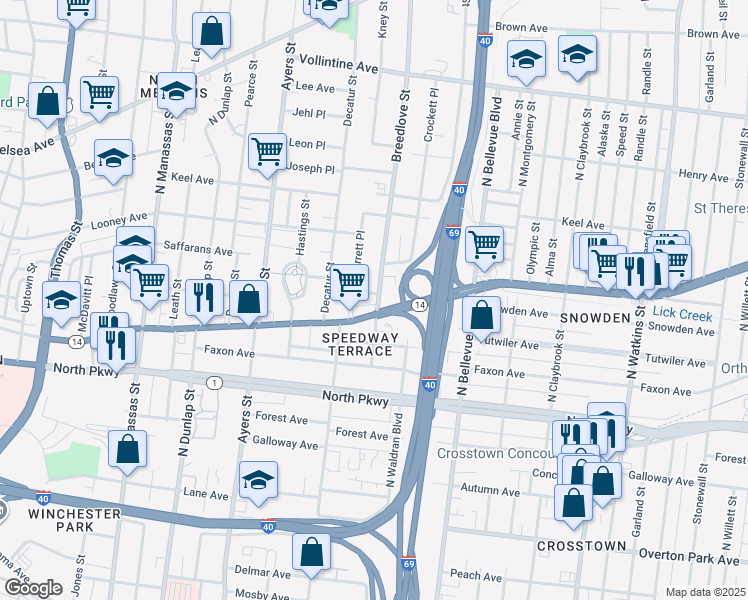 map of restaurants, bars, coffee shops, grocery stores, and more near 1032 Lagrange Avenue in Memphis