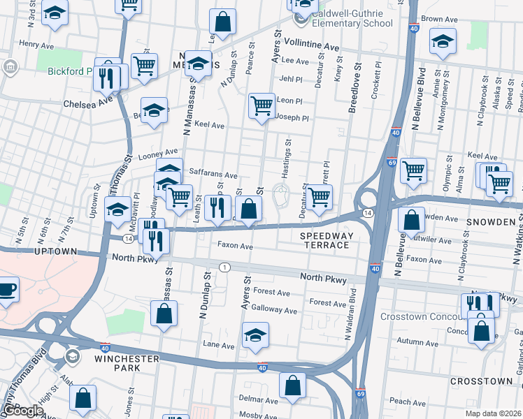map of restaurants, bars, coffee shops, grocery stores, and more near 669 Ayers Street in Memphis