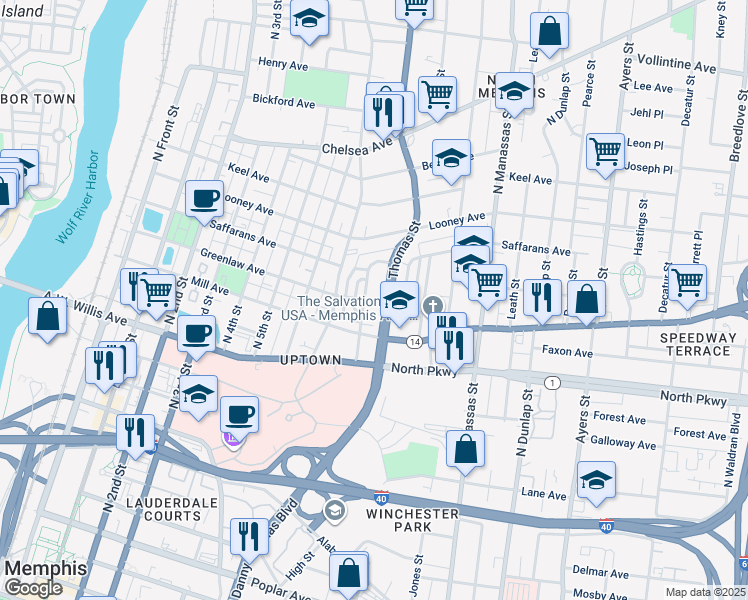 map of restaurants, bars, coffee shops, grocery stores, and more near 637 Thomas Street in Memphis