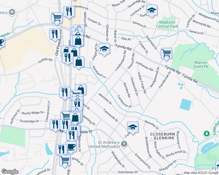 map of restaurants, bars, coffee shops, grocery stores, and more near 5601 Londonderry Road in Charlotte