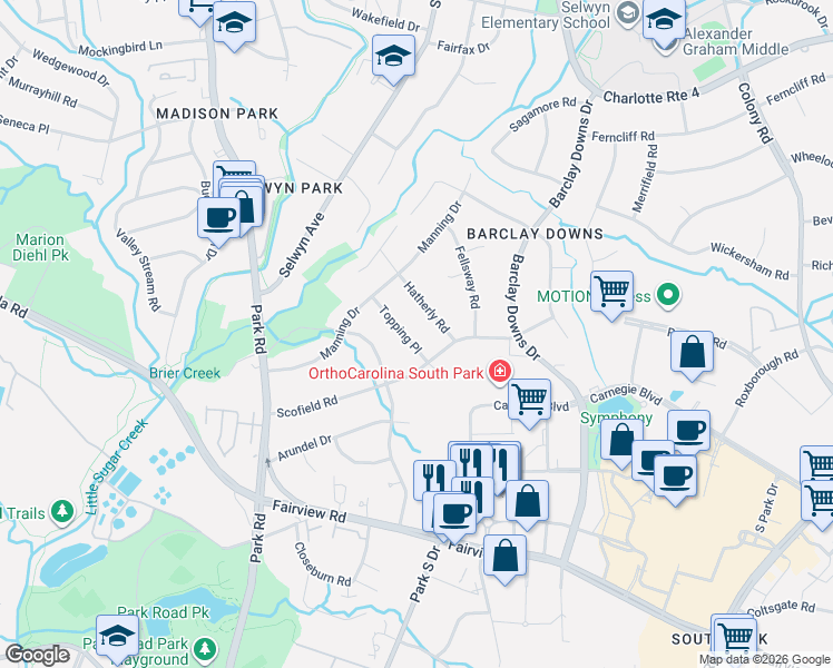 map of restaurants, bars, coffee shops, grocery stores, and more near 5447 Topping Place in Charlotte