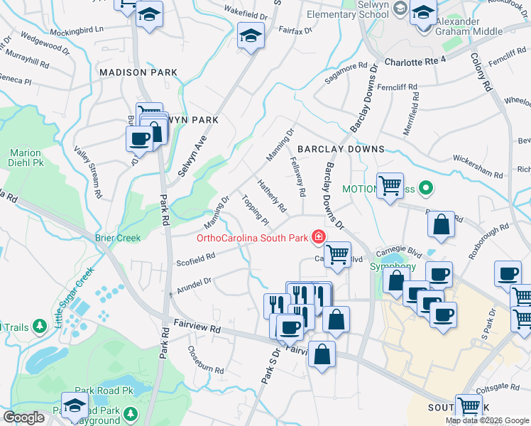 map of restaurants, bars, coffee shops, grocery stores, and more near 5447 Topping Place in Charlotte