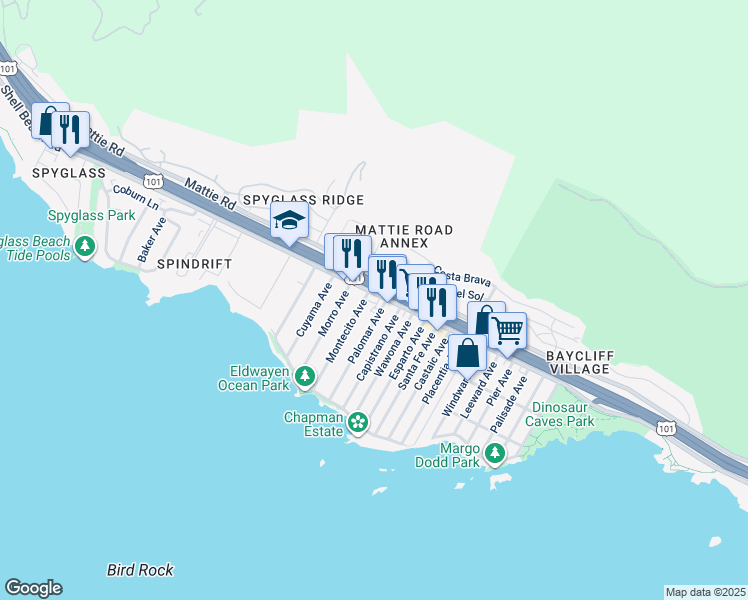 map of restaurants, bars, coffee shops, grocery stores, and more near 1651 Shell Beach Road in Pismo Beach