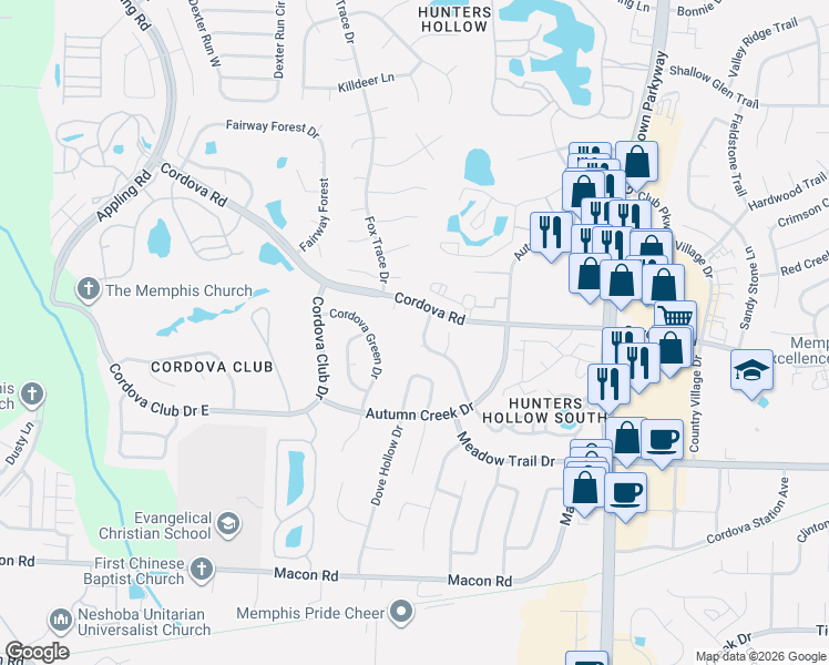 map of restaurants, bars, coffee shops, grocery stores, and more near 1200 Fox Green Cove in Shelby County