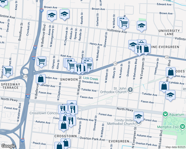 map of restaurants, bars, coffee shops, grocery stores, and more near 1477 Jackson Avenue in Memphis