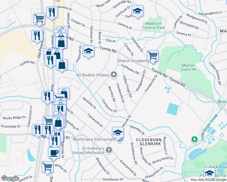 map of restaurants, bars, coffee shops, grocery stores, and more near 839 Burnley Road in Charlotte