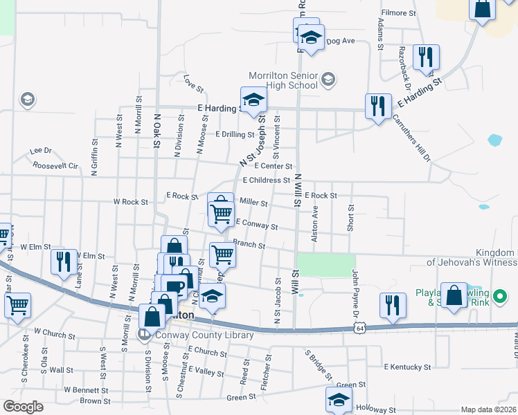 map of restaurants, bars, coffee shops, grocery stores, and more near 501 Miller Street in Morrilton
