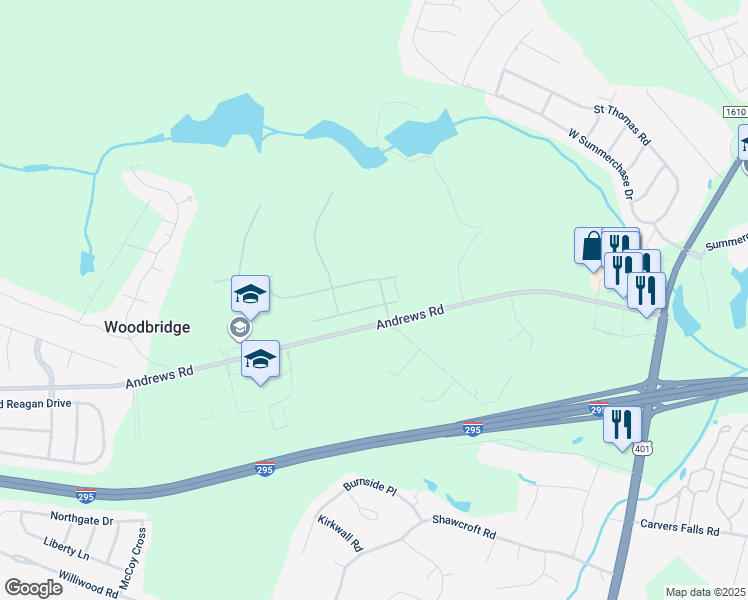 map of restaurants, bars, coffee shops, grocery stores, and more near 404 Dunblane Way in Fayetteville